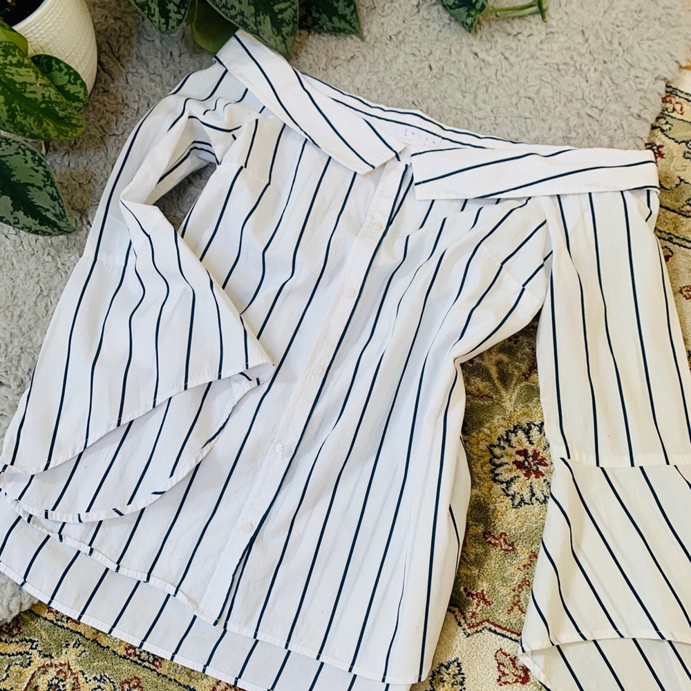 Off The Shoulder Pin Stripe Button Down
